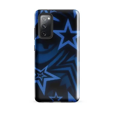 overlapping five-pointed stars in dark navy with glowing cobalt scan lines and dramatic 3D shadows on a black background on Glossy Midnight Star Strike Tough Case for Samsung - default - Front view — samsung phone case