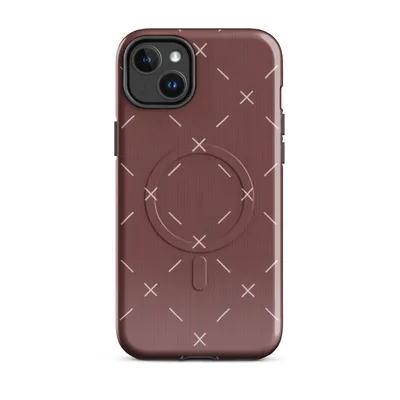 repeating white cross-stitch X marks and diagonal line stitches scattered across a deep crimson textured background on Glossy Crimson Cross Stitch MagSafe Tough Case for iPhone - default - Front view — magsafe phone case