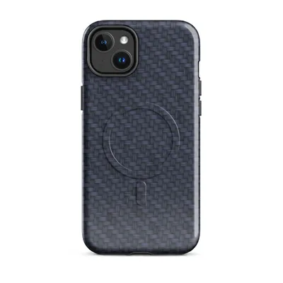 deep navy blue carbon fiber twill weave with diagonal light-reflecting bands across the surface on Glossy Midnight Carbon Fiber Shield MagSafe Tough Case for iPhone - default - Front view — magsafe phone case