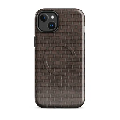 seamless dark chocolate brown basket-weave pattern with interlocking horizontal and vertical rattan strands and subtle depth shading on Glossy Woven Rattan Weave MagSafe Tough Case for iPhone - default - Front view — magsafe phone case