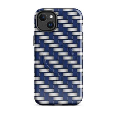 interlocking navy blue and brushed silver basket-weave pattern creating a three-dimensional woven textile illusion on Glossy Steel Weave Armor MagSafe Tough Case for iPhone - default - Front view — magsafe phone case