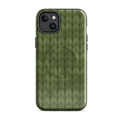 close-up of a seamless olive and moss green hand-knitted wool stitch pattern with deep shadow detail on Glossy Forest Knit MagSafe Tough Case for iPhone - default - Front view — magsafe phone case