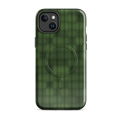 repeating grid of rounded green cells in deep olive and hunter green tones suggesting organic forest camouflage texture on Glossy Forest Grid Camo MagSafe Tough Case for iPhone - default - Front view — magsafe phone case