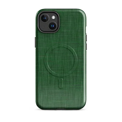 close-up woven linen fabric texture in deep emerald and forest green tones with natural thread variation on Glossy Forest Green Linen Texture MagSafe Tough Case for iPhone - default - Front view — magsafe phone case