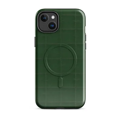 deep forest green quilted fabric pattern with a subtle stitched grid in a matte tone-on-tone style on Glossy Forest Green Quilted Classic MagSafe Tough Case for iPhone - default - Front view — magsafe phone case