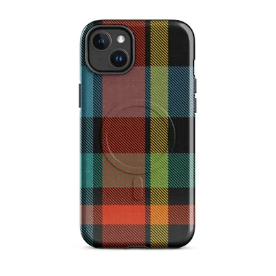 vibrant tartan plaid pattern in deep black, electric teal, fiery orange-red, and golden yellow arranged in a classic woven grid on Glossy Highland Bold Plaid MagSafe Tough Case for iPhone - default - Front view — magsafe phone case