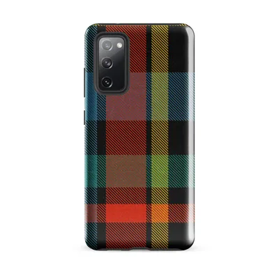 vibrant tartan plaid pattern in black, teal, fiery red-orange, and golden yellow with diagonal woven texture on Glossy Bold Plaid Tough Case for Samsung - default - Front view — samsung phone case