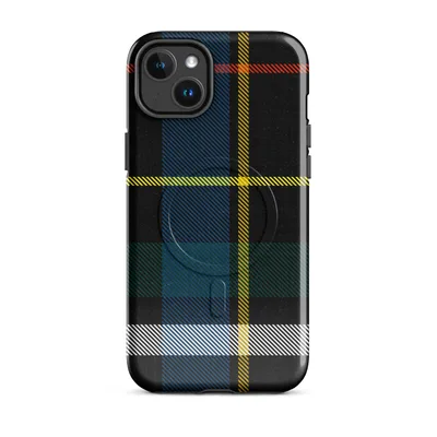 classic Scottish tartan pattern in black, royal blue, golden yellow, forest green, crimson red, and white with diagonal weave texture on Glossy Highland Spirit Tartan MagSafe Tough Case for iPhone - default - Front view — magsafe phone case
