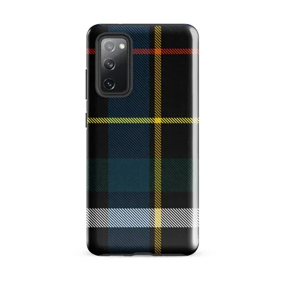 classic Scottish tartan plaid with black base and bold crossing stripes of royal blue, golden yellow, deep teal, red, and white in a woven diagonal texture on Glossy Highland Spirit Tartan Tough Case for Samsung - default - Front view — samsung phone case