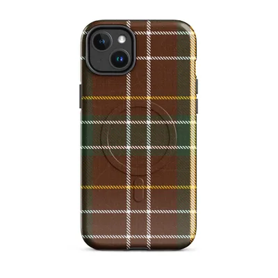 classic tartan plaid pattern in deep crimson red, forest green, gold, and white woven intersecting stripes on Glossy Highland Tartan MagSafe Tough Case for iPhone - default - Front view — magsafe phone case