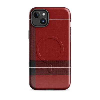 classic Scottish tartan plaid in deep crimson red with bold black bands and thin white stripe accents on a textured fabric-style background on Glossy Highland Red Plaid MagSafe Tough Case for iPhone - default - Front view — magsafe phone case