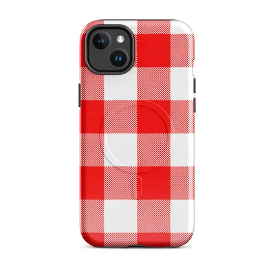 large-scale red and white gingham checkerboard woven fabric pattern with classic picnic cloth style on Glossy Red Gingham Picnic Plaid MagSafe Tough Case for iPhone - default - Front view — magsafe phone case