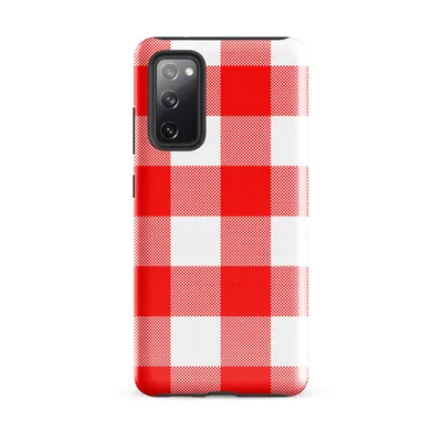 large red and white gingham checkerboard pattern with alternating solid and woven-texture squares on Glossy Classic Red Gingham Tough Case for Samsung - default - Front view — samsung phone case