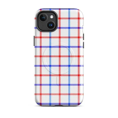 red white and blue gingham plaid pattern with diagonal stripe texture on white background on Glossy American Plaid Patriot MagSafe Tough Case for iPhone - default - Front view — magsafe phone case