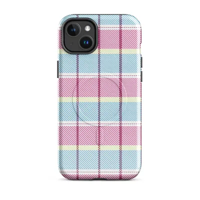 pastel tartan plaid pattern with sky blue, soft yellow, and magenta intersecting stripes and diagonal hatching on white on Glossy Pastel Plaid Chic MagSafe Tough Case for iPhone - default - Front view — magsafe phone case
