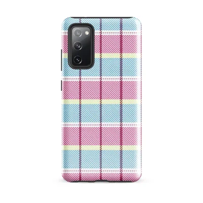 pastel tartan plaid pattern with sky blue, soft yellow, white, and bold magenta intersecting bands and diagonal texture on Glossy Pastel Plaid Preppy Charm Tough Case for Samsung - default - Front view — samsung phone case