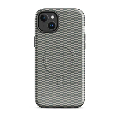 tightly woven checkerboard textile pattern in slate teal and natural cream, resembling hand-woven seagrass matting with organic fiber texture on Glossy Woven Slate Grid MagSafe Tough Case for iPhone - default - Front view — magsafe phone case