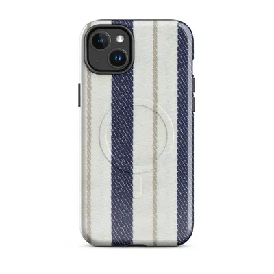 vertical ticking stripes in navy blue and cream with thin taupe accent lines on a woven textile-style background on Glossy Nautical Ticking Stripe Classic MagSafe Tough Case for iPhone - default - Front view — magsafe phone case