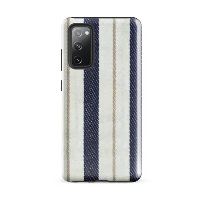 classic ticking stripe pattern with bold navy blue and off-white vertical stripes accented by thin taupe pinstripes on woven textile texture on Glossy Nautical Ticking Stripe Tough Case for Samsung - default - Front view — samsung phone case