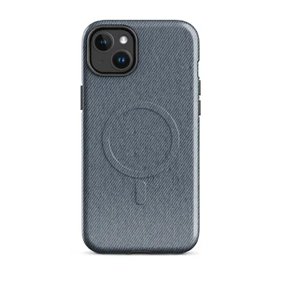 close-up diagonal twill weave pattern in muted blue-grey tones resembling worn denim fabric on Glossy Classic Denim Weave MagSafe Tough Case for iPhone - default - Front view — magsafe phone case