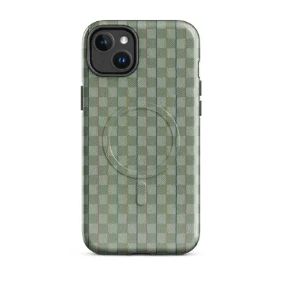 basket-weave grid pattern in sage and celadon green with thin vertical stripes in navy, dusty rose, and golden yellow on Glossy Garden Weave Stripe MagSafe Tough Case for iPhone - default - Front view — magsafe phone case