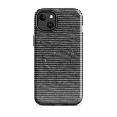 tightly repeating horizontal stripes of charcoal and light grey mimicking the texture of fine knit fabric on Glossy Shadow Stripe Knit MagSafe Tough Case for iPhone - default - Front view — magsafe phone case