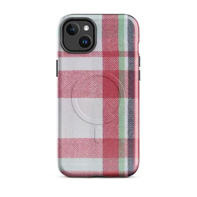 classic tartan plaid woven in deep red, navy blue, forest green, and white with intersecting stripe grid pattern on Glossy Classic Plaid Heritage MagSafe Tough Case for iPhone - default - Front view — magsafe phone case