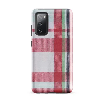traditional tartan plaid pattern with intersecting stripes in red, navy, green, and white woven fabric texture on Glossy Classic Plaid Tough Case for Samsung - default - Front view — samsung phone case