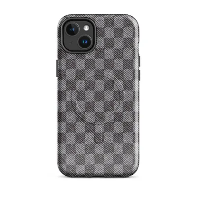 tight charcoal and silver woven check plaid pattern with a textile fabric texture on Glossy Urban Grid Plaid MagSafe Tough Case for iPhone - default - Front view — magsafe phone case