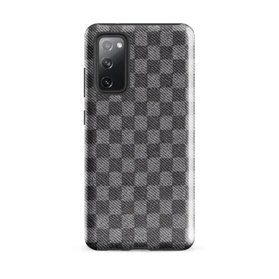 close-up woven twill fabric pattern in alternating light grey and charcoal squares with diagonal thread texture on Glossy Steel Grid Woven Check Tough Case for Samsung - default - Front view — samsung phone case