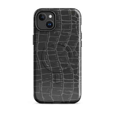 close-up crocodile skin scale pattern in deep black and charcoal with raised ridge lines and subtle sheen on Glossy Midnight Croc MagSafe Tough Case for iPhone - default - Front view — magsafe phone case