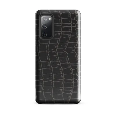 close-up black crocodile skin scale pattern with raised ridges and deep charcoal tones on a dark background on Glossy Midnight Croc Tough Case for Samsung - default - Front view — samsung phone case