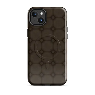 repeating grid of rounded octagonal stone tiles in deep brown and black with small diamond joints, resembling aged cobblestone on Glossy Dark Earth Cobblestone Grid MagSafe Tough Case for iPhone - default - Front view — magsafe phone case