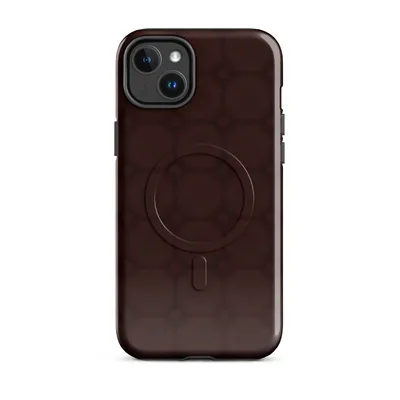 deep crimson repeating grid of rounded squares connected by small riveted nodes with subtle tonal depth on a near-black background on Glossy Dark Crimson Grid Elegance MagSafe Tough Case for iPhone - default - Front view — magsafe phone case