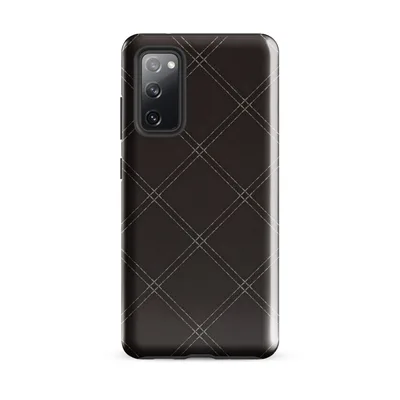 dark brown background with diagonal diamond grid in double dashed stitch lines creating a quilted leather effect on Glossy Dark Diamond Stitch Tough Case for Samsung - default - Front view — samsung phone case