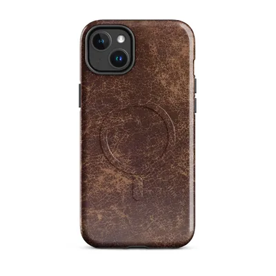 distressed leather texture in deep burgundy and warm tan with cracked, aged surface patterns and mottled highlights on Glossy Worn Leather Vintage MagSafe Tough Case for iPhone - default - Front view — magsafe phone case