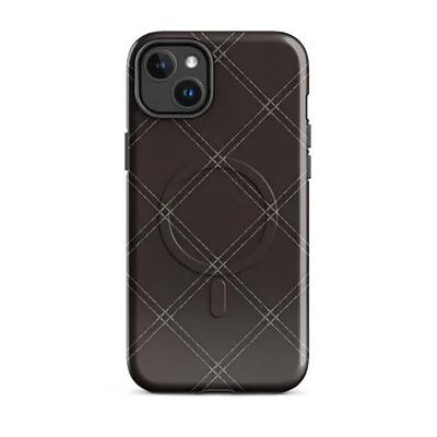 diagonal diamond grid with fine dashed stitching lines on a deep espresso brown background, quilted leather effect on Glossy Dark Diamond Stitch MagSafe Tough Case for iPhone - default - Front view — magsafe phone case