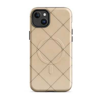 diagonal diamond grid of warm sandy beige stone tiles with thin dark grout lines and small cross-point accents at each intersection on Glossy Stone Tile Diamond Grid MagSafe Tough Case for iPhone - default - Front view — magsafe phone case