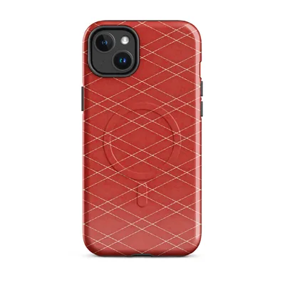 repeating ivory diamond lattice grid on a deep crimson red textured background resembling washi paper on Glossy Scarlet Diamond Grid MagSafe Tough Case for iPhone - default - Front view — magsafe phone case