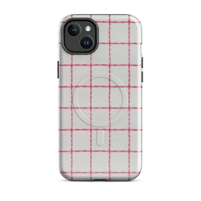 red and white windowpane check fabric pattern with hand-woven-style grid lines on a soft white background on Glossy Red Plaid Classic Grid MagSafe Tough Case for iPhone - default - Front view — magsafe phone case