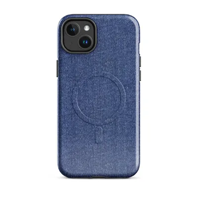 close-up medium-wash blue denim fabric texture with a subtle diagonal twill weave and natural tonal variation on Glossy Classic Denim Texture MagSafe Tough Case for iPhone - default - Front view — magsafe phone case