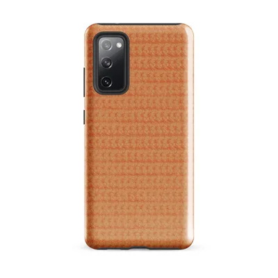 close-up photorealistic knitted fabric texture in warm peach-orange tones with horizontal rows of interlocking yarn loops on Glossy Warm Peach Woven Texture Tough Case for Samsung - default - Front view — samsung phone case