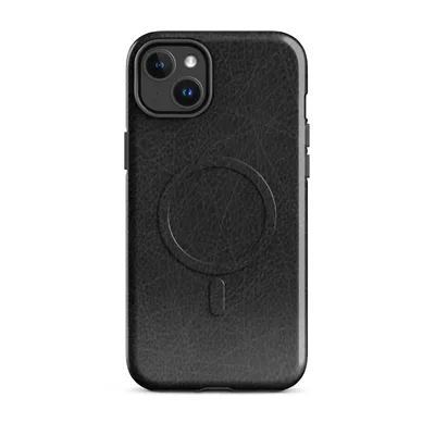 close-up black leather surface with natural grain pores and fine scattered crack lines in deep charcoal tones on Glossy Scratched Black Leather MagSafe Tough Case for iPhone - default - Front view — magsafe phone case