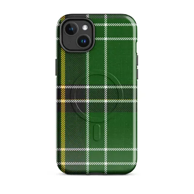 classic Scottish tartan in deep forest green with black bands, white stripes, and gold accent lines in a diagonal twill weave pattern on Glossy Highland Green Tartan MagSafe Tough Case for iPhone - default - Front view — magsafe phone case