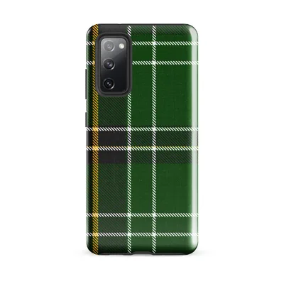 classic Scottish tartan in deep emerald green with intersecting white, black, and gold stripes in a diagonal twill woven pattern on Glossy Highland Green Tartan Tough Case for Samsung - default - Front view — samsung phone case
