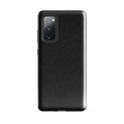 close-up distressed black leather surface with fine grain pores and scattered scratch lines in deep charcoal tones on Glossy Dark Leather Texture Tough Case for Samsung - default - Front view — samsung phone case