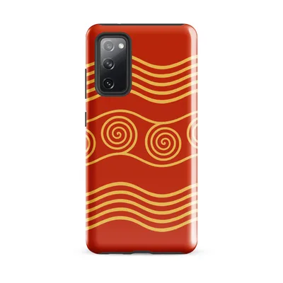 golden spiral motifs and flowing wave lines on a deep crimson red background in a classical decorative style on Glossy Golden Waves Ancient Spiral Tough Case for Samsung - default - Front view — samsung phone case
