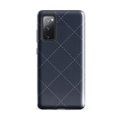 diagonal diamond grid of white dashed stitch lines with small cross-stitch points on a deep navy blue woven textile background on Glossy Navy Diamond Stitch Tough Case for Samsung - default - Front view — samsung phone case