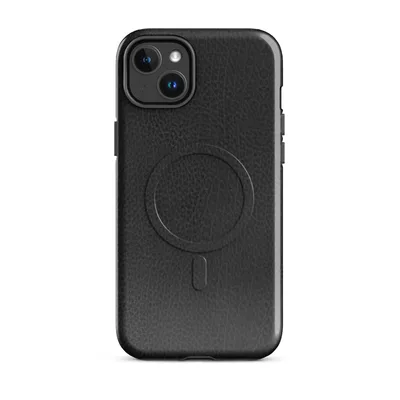 close-up distressed black leather texture with natural grain variations, fine surface cracks, and subtle tonal depth on Glossy Midnight Black Leather MagSafe Tough Case for iPhone - default - Front view — magsafe phone case