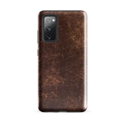 distressed vintage leather texture in deep mahogany and tan with cracked craquelure patterns and aged mottled surface on Glossy Worn Leather Tough Case for Samsung - default - Front view — samsung phone case